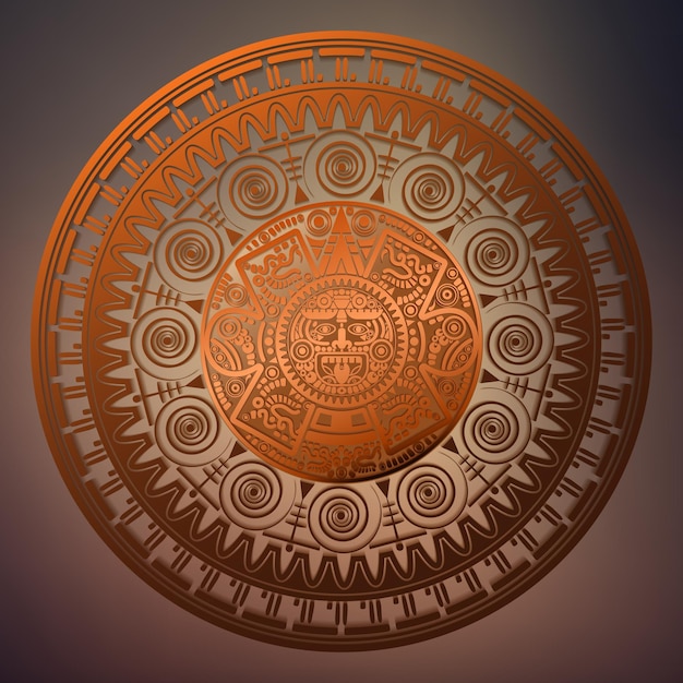 Vector sacred aztec wheel calendar mayan sun god maya symbols ethnic mask bronze round frame border