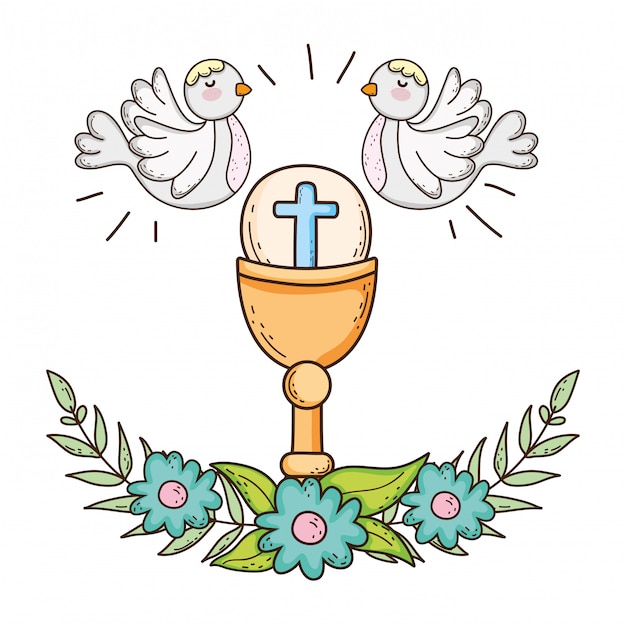 Vector sacred chalice religious with doves birds
