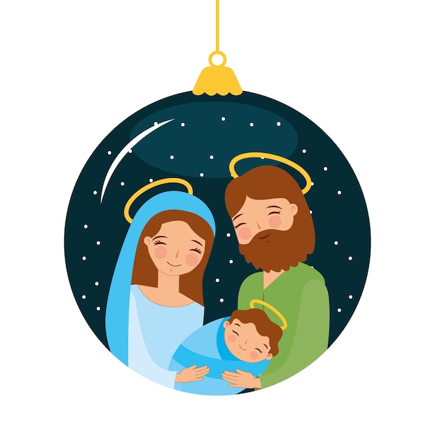 ベクトル 夜間のベクトルイラストの間のクリスマスボールに聖なる家族