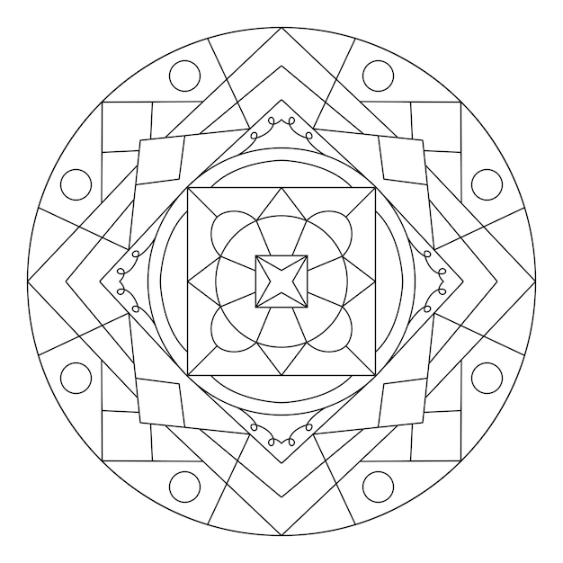 Pagina da colorare mandala della geometria sacra per adulti illustrazione vettoriale di segni mistici astratti