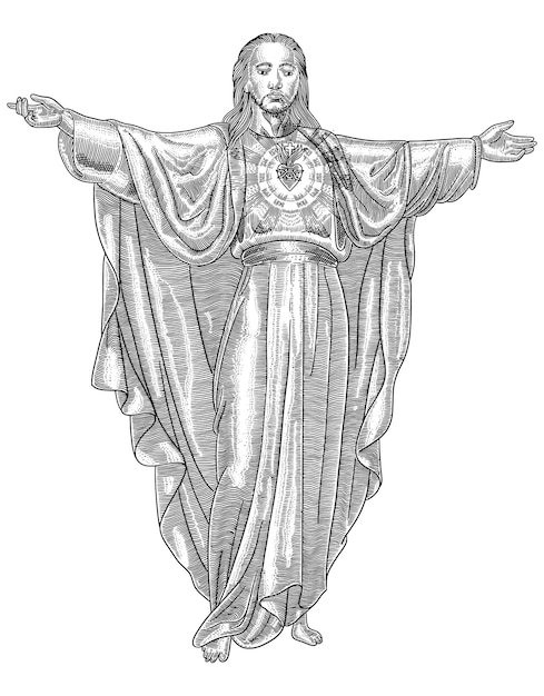 Vector the sacred heart of jesus catholic with engraving style