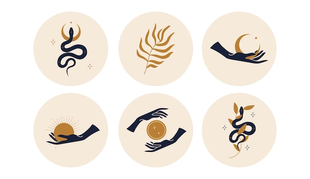 Sacred icons depicting the moon sun and snakes in circles vector illustration set of icons and emblems for social media news covers design templates for a yoga studio and an astrologer blogger