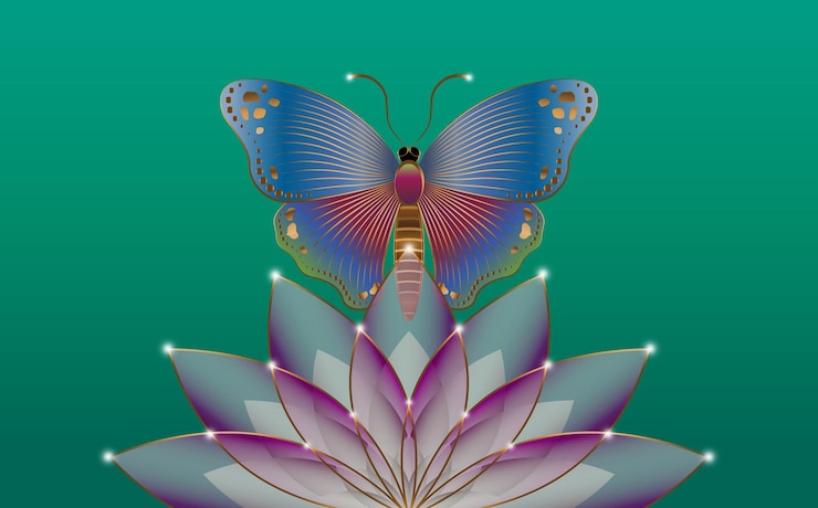 Vector sacred lotus flower and mystical butterfly logo slogan with colorful butterfly purple flower