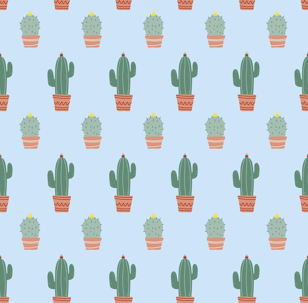 Vector sactus seamless pattern home plants on a blue isolated background