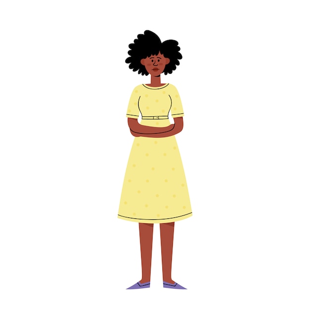 Vettore triste giovane donna afro-americana in piedi e incrociando le braccia