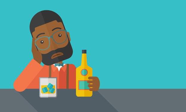 Vector sad african man alone in the bar drinking beer.