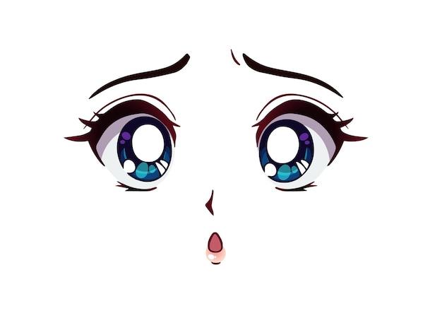 Faccia triste dell'anime. grandi occhi azzurri in stile manga, nasino e bocca kawaii. illustrazione del fumetto di vettore disegnato a mano.