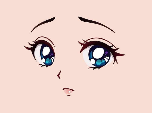 Sad anime face. Manga style big blue eyes, little nose and kawaii mouth.