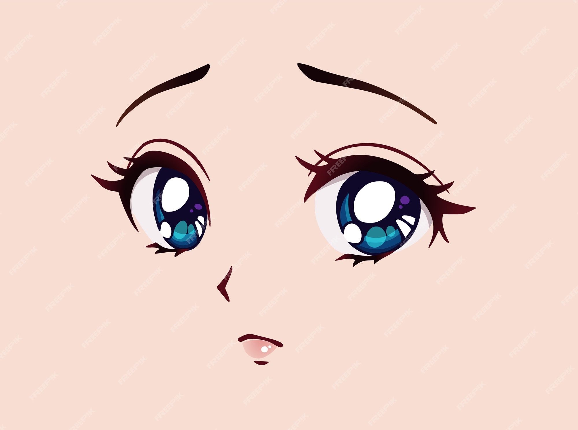 Premium Vector  Scared anime face. manga style big blue eyes, little nose  and kawaii mouth. hand drawn vector cartoon illustration.