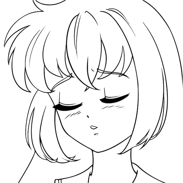 Sad anime girl with closed eyes. Icon portrait. Contour   illustration.