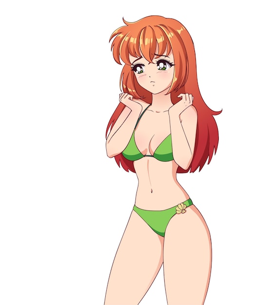 Vector sad anime manga girl with red hair wearing green swimsuit cute paw hands isolated on white background