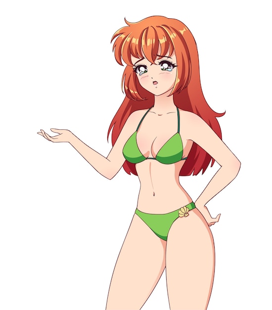 Sad anime manga girl with red hair wearing green swimsuit isolated on white background Empty space for banner text