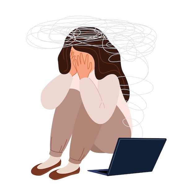 Печальная тревожная девушка с ноутбуком читает плохие новости в интернете Негативные эмоции Плоская векторная иллюстрация, изолированная на белом фоне