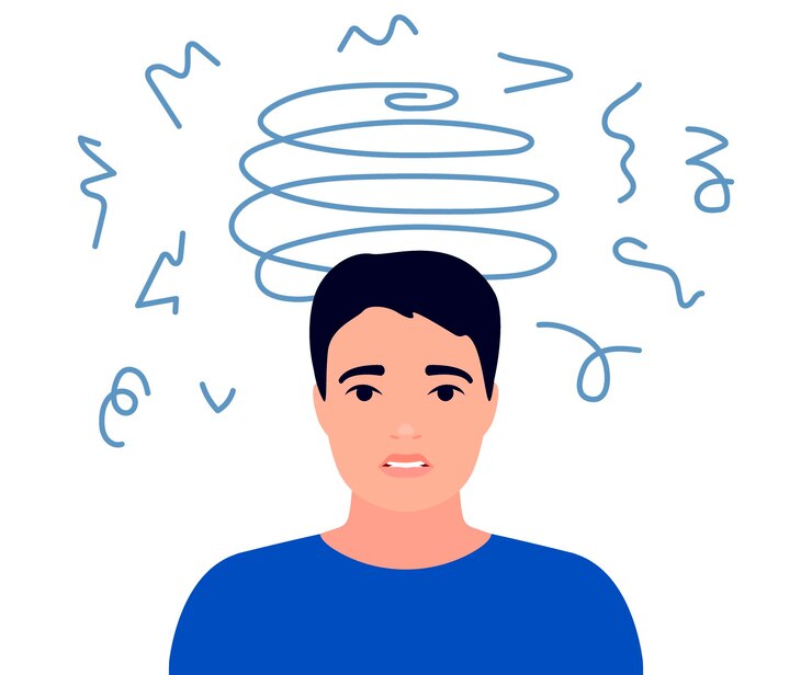 Vector sad and anxious thoughts of man isolated on white