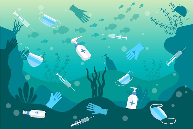 Vector sad background of coronavirus waste in the ocean