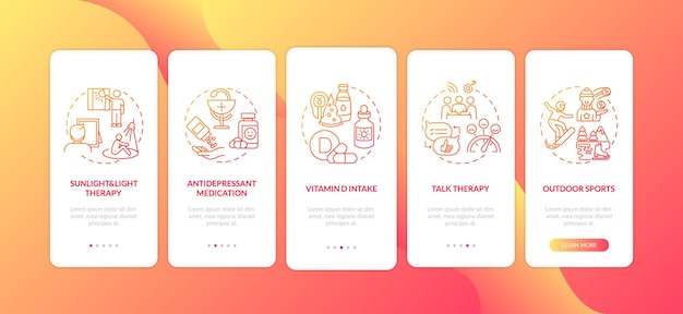 SAD-behandeling onboarding mobiele app-paginascherm met concepten