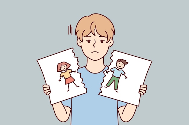 Sad boy after school quarrel or conflict tears up selfdrawn portrait Vector image