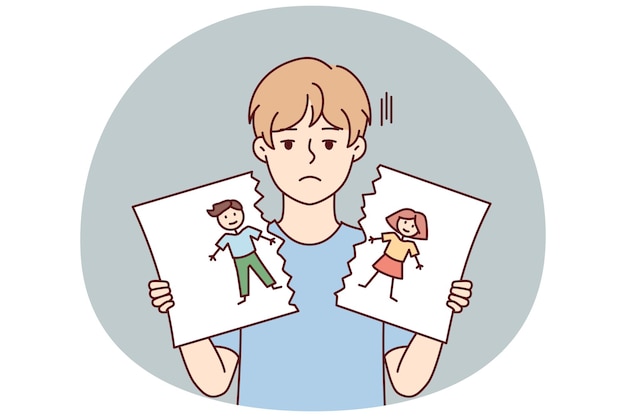 sad boy after school quarrel or conflict tears up selfdrawn portrait vector image