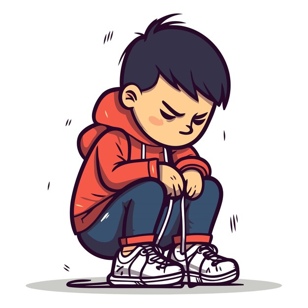 Vector sad boy sitting on the floor and crying vector cartoon illustration