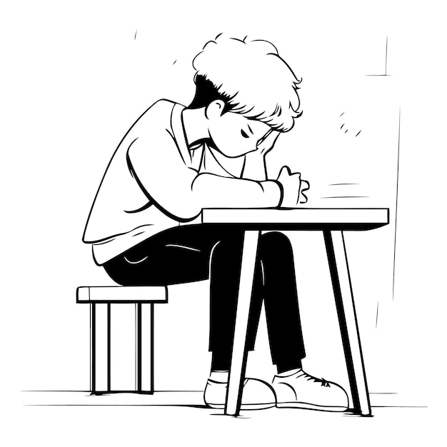 Vector sad boy sitting at the table in sketch style