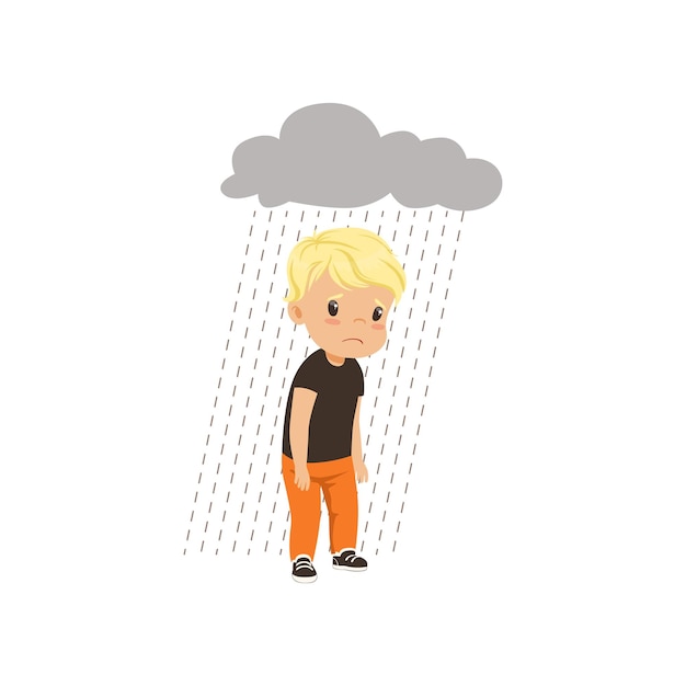 Sad boy standing under stormy rainy clouds vector Illustration isolated on a white background