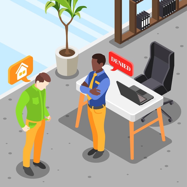 Vector sad broke man been denied credit in bank isometric 3d illustration