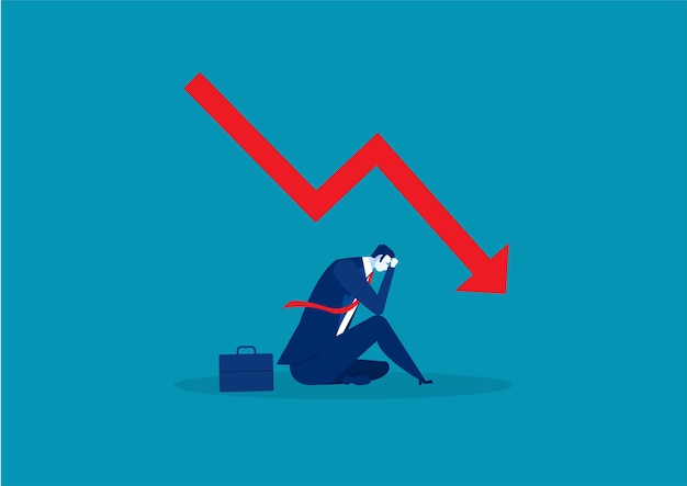 Vector sad businessman  fail with falling down red arrow graph financial crisis