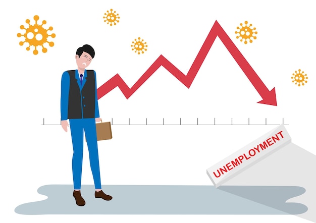 Sad businessman unemployed due to covid19 coronavirus outbreak infographic vector illustration