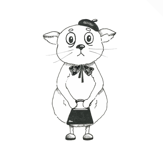 Vector sad cat in a beret and with a purse