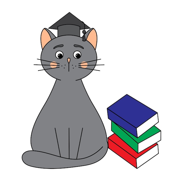 Грустный кот-студент со стопкой книг Привет школа Детская иллюстрация в стиле каракули Векторная графика