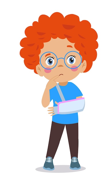 Vector sad child with broken arm