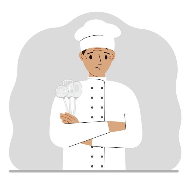 A sad cook holds a kitchen set of cutlery in his hand Profession Vector flat illustration