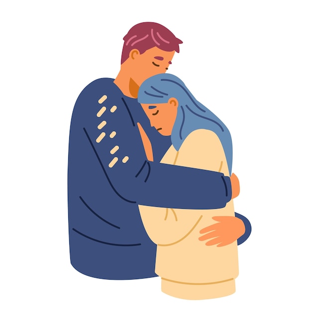 Грустная пара обнимается, утешая друг друга Люди в печали обнимаются, чтобы поддержать друг друга
