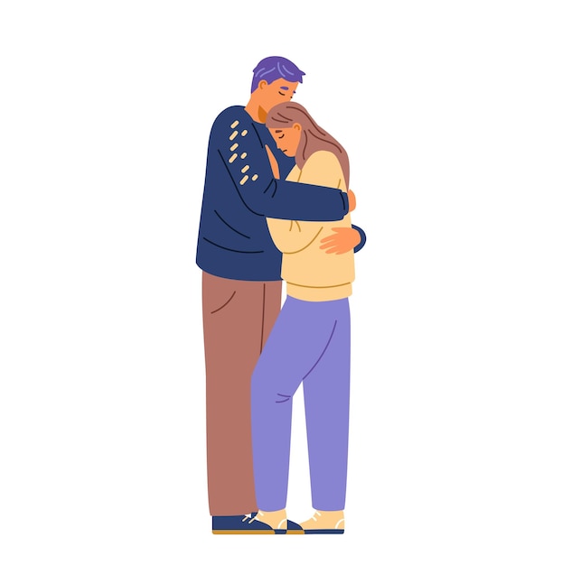 Vector sad couple hugging comforting each other people in sorrow embracing to support each other