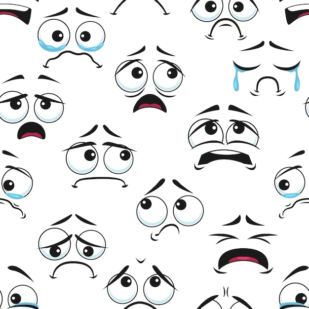 Sad and crying cartoon faces seamless pattern