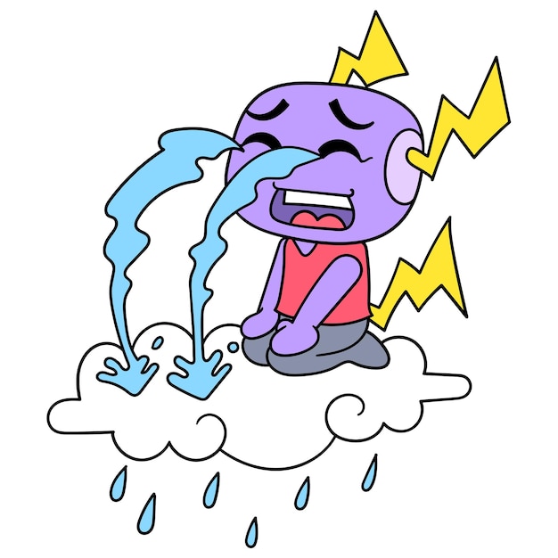 A sad cute creature sobbed sobbing above the clouds causing rain, vector illustration art. doodle icon image kawaii.