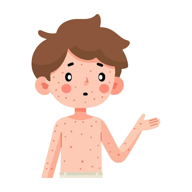 Vector sad cute kid boy get measles ill