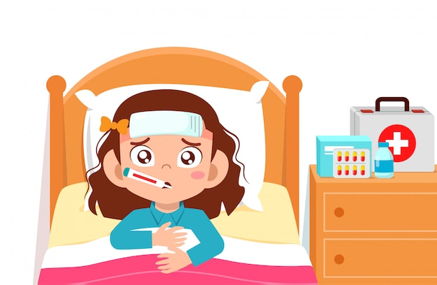 Vector sad cute kid girl lay in bed sick