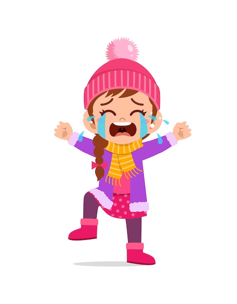 Sad cute little kid cry and wear jacket in winter season