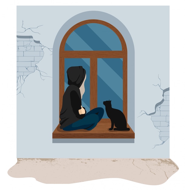 Ragazza triste e depressa che si siede sul davanzale con il suo gatto. adolescente triste donna e gatto depressi. illustrazione.