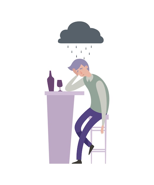 悲しい落ち込んだ男のイラスト。バーで飲み物と灰色の雨の雲と一人の男