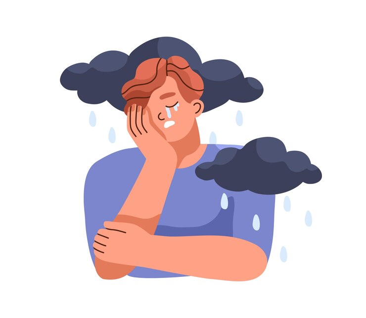 Vector sad depressed person crying. depression and mental disorder, psychology concept. unhappy man with rain and clouds. gloomy mood and despair. flat vector illustration isolated on white background.