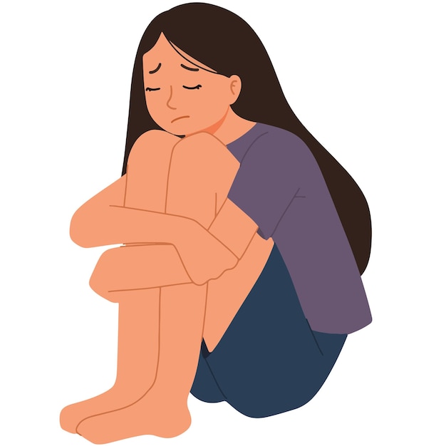 Vector sad and depressed woman hugged her knees illustration