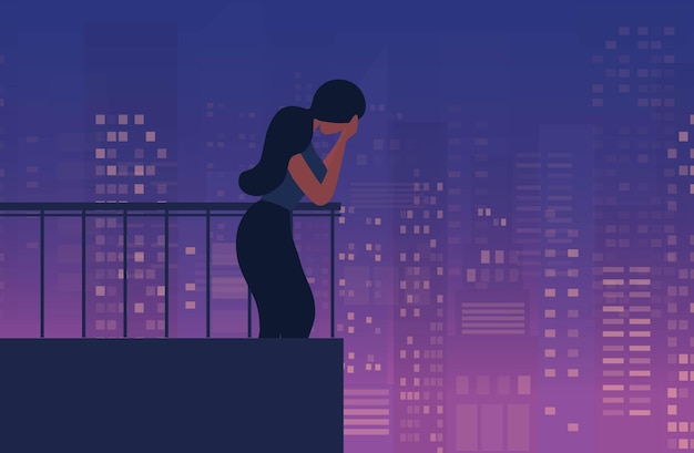 Vector sad and depressed woman standing at home balcony unhappy and stressed woman vector illustration