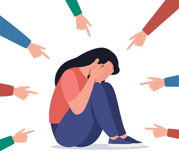sad or depressed young woman surrounded by hands with index fingers pointing at her
