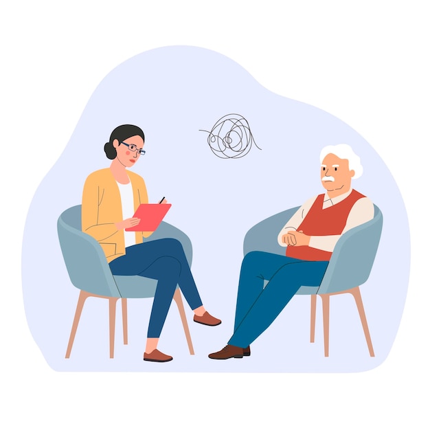 Vector sad elderly man talking with psychologist on the chairs vector flat style illustration