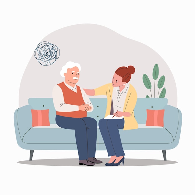 Vector sad elderly man talking with psychologist on the sofa vector flat cartoon illustration