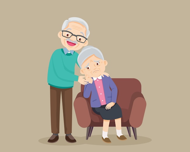 Sad elderly woman bored, sad senior woman sitting and senior man comforting her