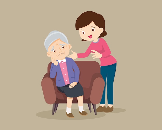 sad elderly woman bored, sad senior woman sitting and woman comforting upset her