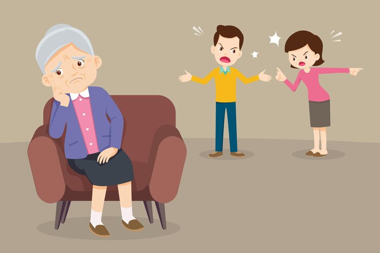 वेक्टर sad elderly woman sitting sofa, unhappy family couple quarrelling on background